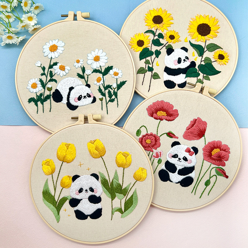 Flor Bush panda pequeño conjunto bordado diy material de mano bolsa de dibujos animados aguja animal paquete de bordado hierba de cuatro piezas