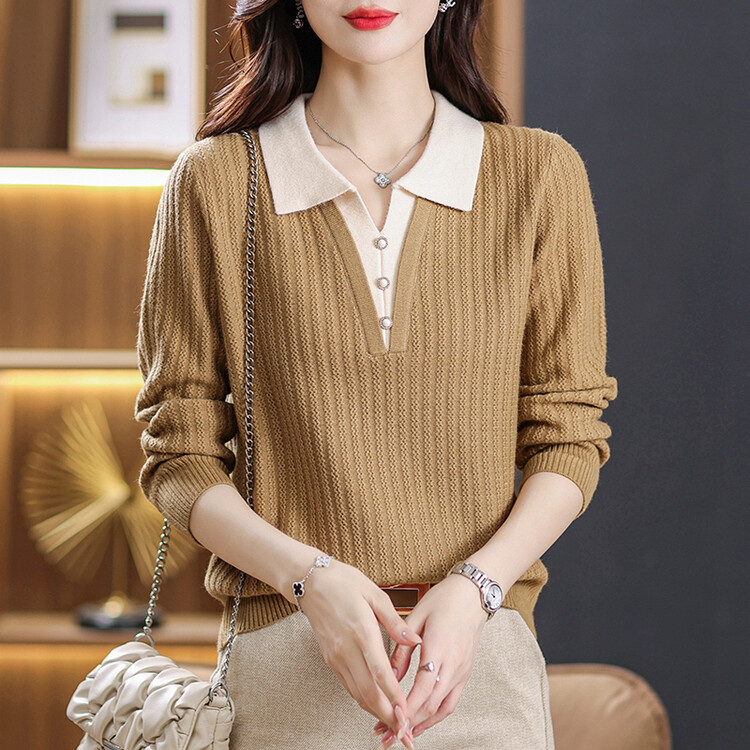 假两件针织衫上衣女2025秋冬季中年妈妈秋装新款POLO领毛衣打底衫