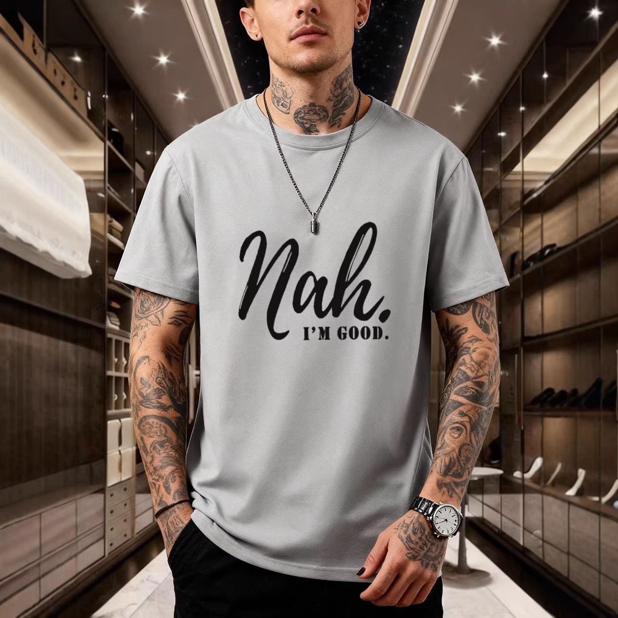 Nah Letter Print Short Sleeves, American Retro Loose T-shirt_viptrois.com
