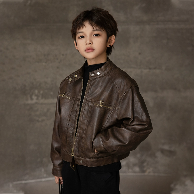 Детская кожаная куртка осень 2025, новая кожаная куртка, весенний наряд для мальчиков, стильная ретро-кожаная мотоциклетная куртка, детская одежда