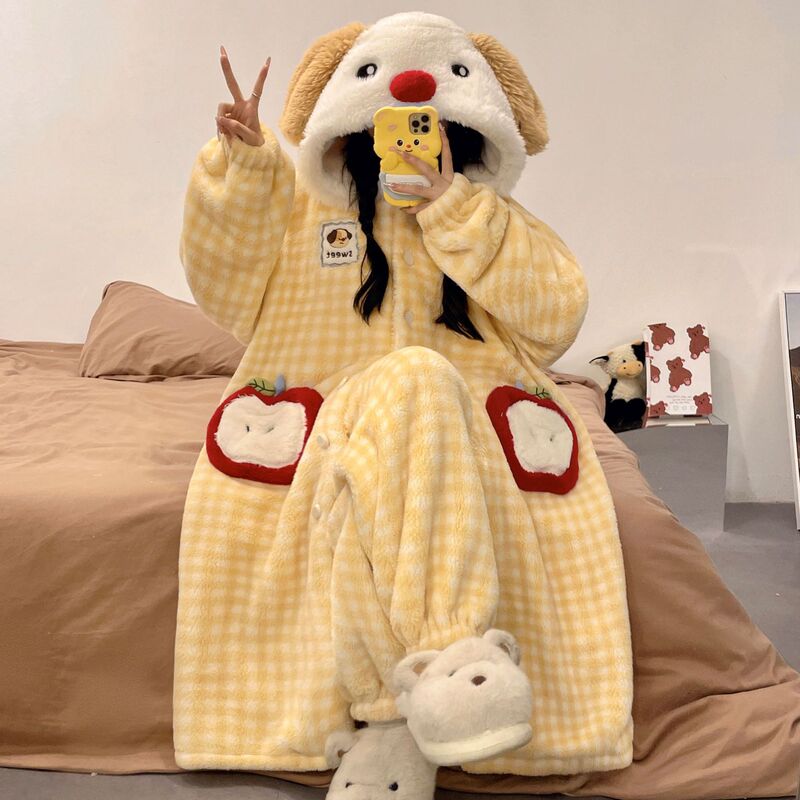 Milky Coral Velvet Hooded Nightgown for Women in Autumn and Winter Cute and Sweet Cartoon Fleece-Lined Thickeneded Home Wear Set Milky Coral Velvet Hooded Nightgown for Women in Autumn and Winter Cute and Sweet Cartoon Fleece-Lined Thickeneded Home Wear Set