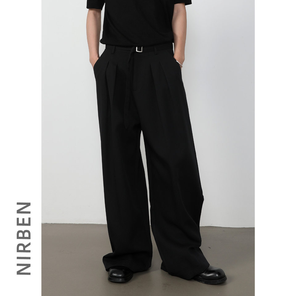 Quần tây nam dáng chữ A xếp ly đôi, cắt may 3D, vải rủ màu trơn, quần dài casual — màu xám, màu đen