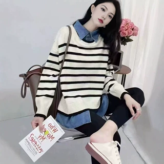 设计感减龄2026新款跨境牛仔拼接假两件条纹毛衣女叠穿针织衫打底