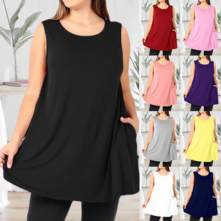European and American Amazon Aliexpress Temu2025 New Fashion Casual Pocket Solid Color Plus Size Women's Vest