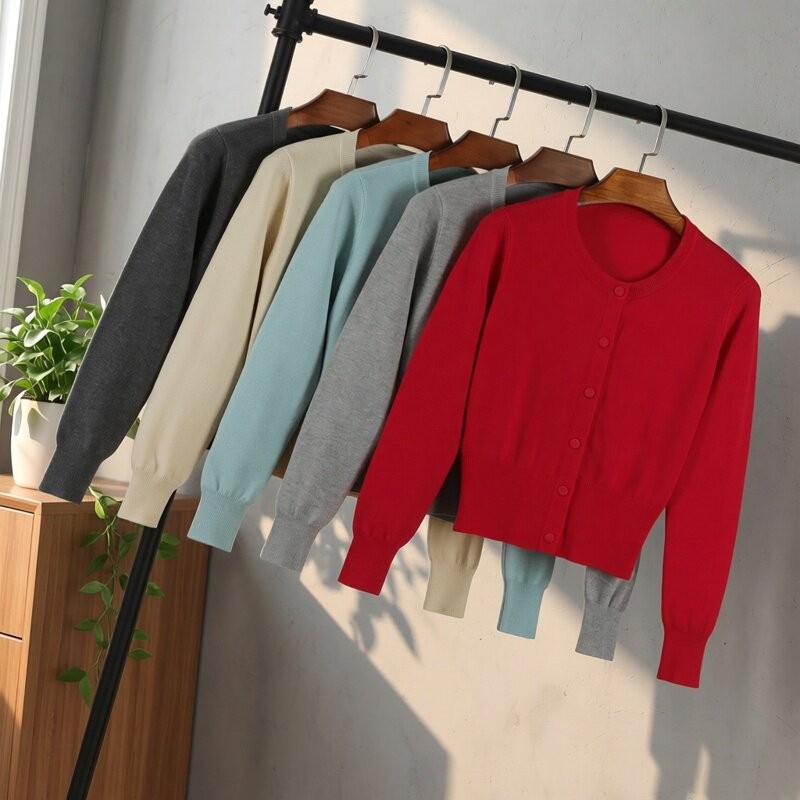 High-End Women's Knitted Sweater Spring and Autumn Regular Style Women's Round Neck Short Top Jacket Knitted Cardigan