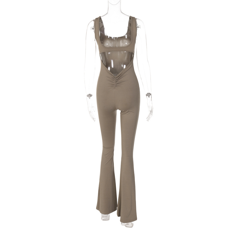 Women Clothing Summer Solid Color Slim Fit Backless Sleeveless Shoulder Strap Jumpsuit