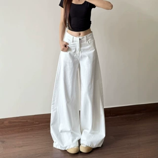145小个子美式白色竹节纹阔腿牛仔裤女新款高腰宽松显瘦拖地裤子