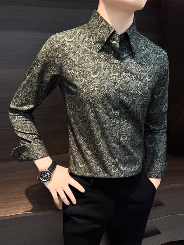春秋季法式时尚花衬衫男士长袖修身复古碎花新款高级感痞帅花衬衣|undefined
