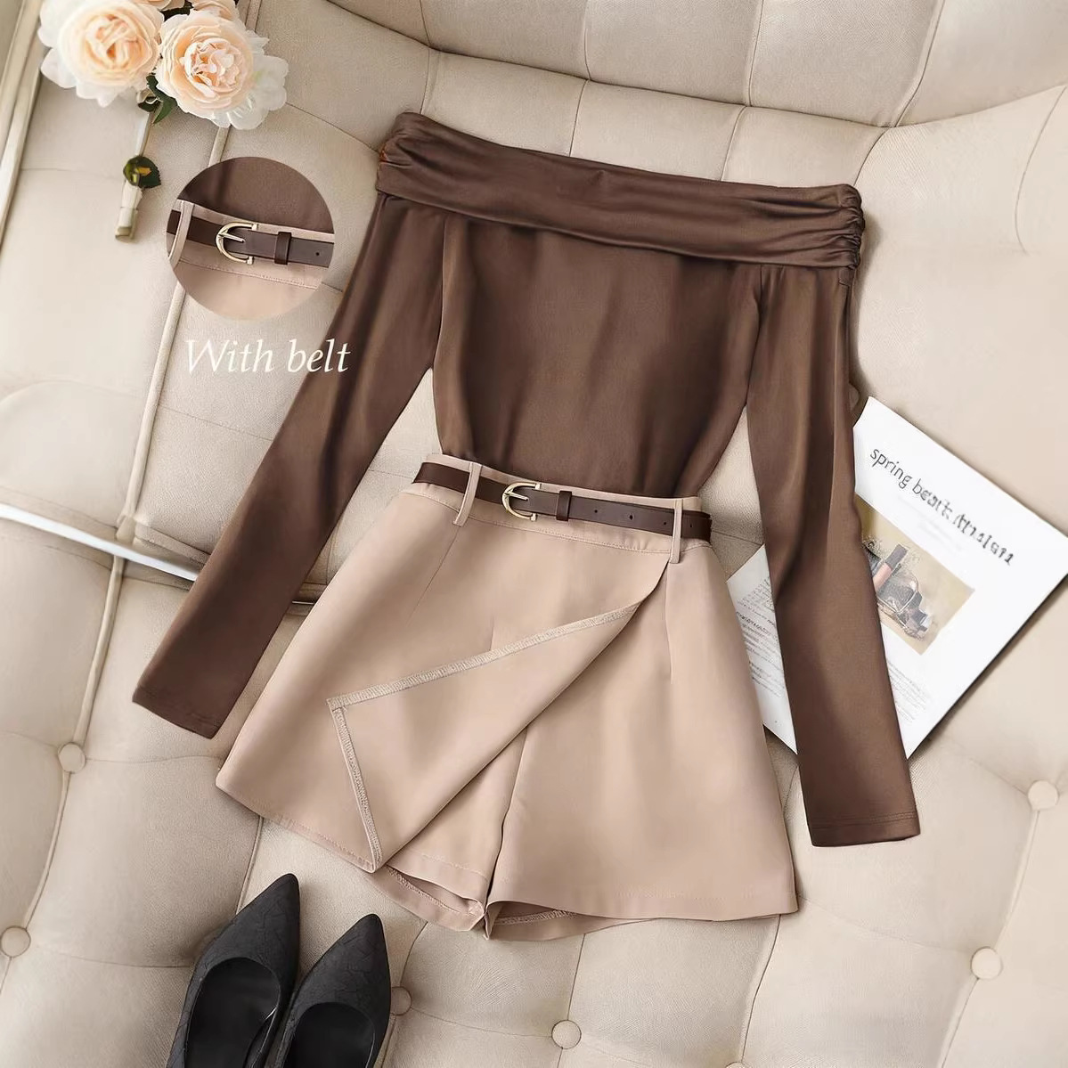 Women's Off-Shoulder Long Sleeve T-Shirt Shorts Skirt Set_ecoleips.com