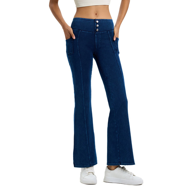Nuevos pantalones acampanados de yoga de mezclilla de cintura alta para mujer, pantalones deportivos informales para fitness con control de abdomen de alta elasticidad y bolsillo para levantar la cadera.