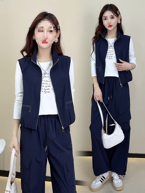 时尚休闲套装女2025秋季新款洋气宽松显瘦马甲T恤工装裤三件套潮|undefined