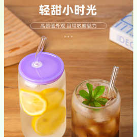 包邮专供可乐杯竹盖高硼硅玻璃吸管杯高颜值透明水杯16oz饮料杯
