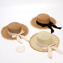 女式夏季海边平顶防晒遮阳帽拉菲草帽子沙滩渔夫帽草帽纸辫太阳帽