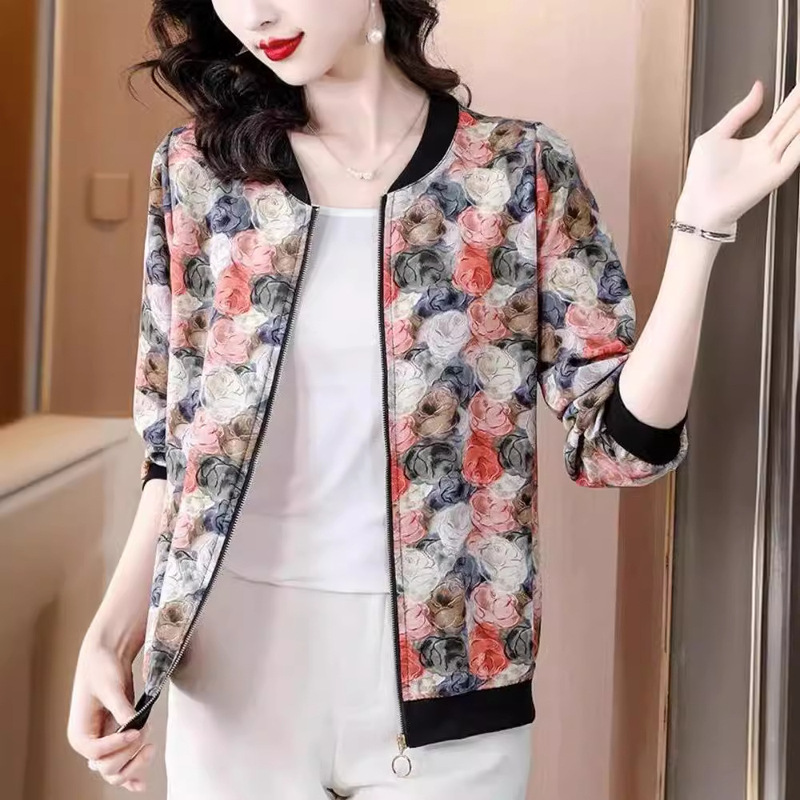 Summer Style New Style Floral Thin Short Outwear Baseball Women's Plus Size Mother's Cardigan Sun Protection Top Outer Wear Summer Style New Style Floral Thin Short Outwear Baseball Women's Plus Size Mother's Cardigan Sun Protection Top Outer Wear