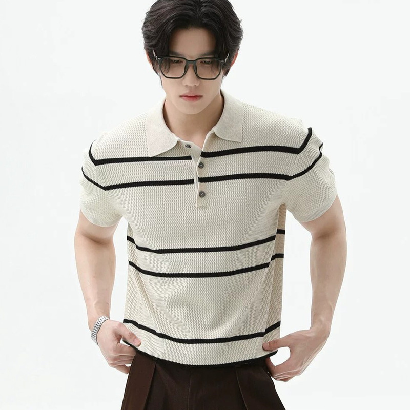 Factory Old Money Style Light Luxury Color-Block Striped Knit Polo Short Sleeve Commuter High-End Soft Breathable Summer T-Shirt Trend