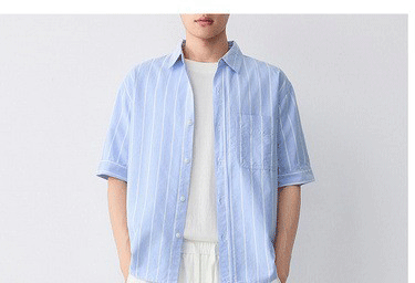 Áo sơ mi nam ngắn tay sọc cotton thoáng mát — màu xanh nhạt chi tiết 13