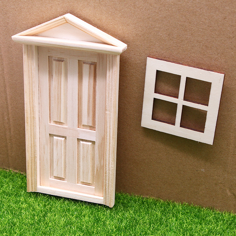 Dollhouse mini embrión liso de madera de cuatro rejillas puerta y Ventana Modelo Navidad puerta ventana Decoración Accesorios