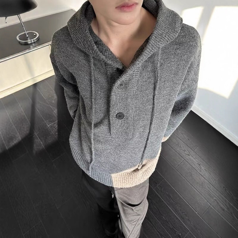 Hong Kong Style Retro Button Hooded Knitwear Men's Autumn and Winter New Pullover Knitwear Lazy Style Loose Jacket Top