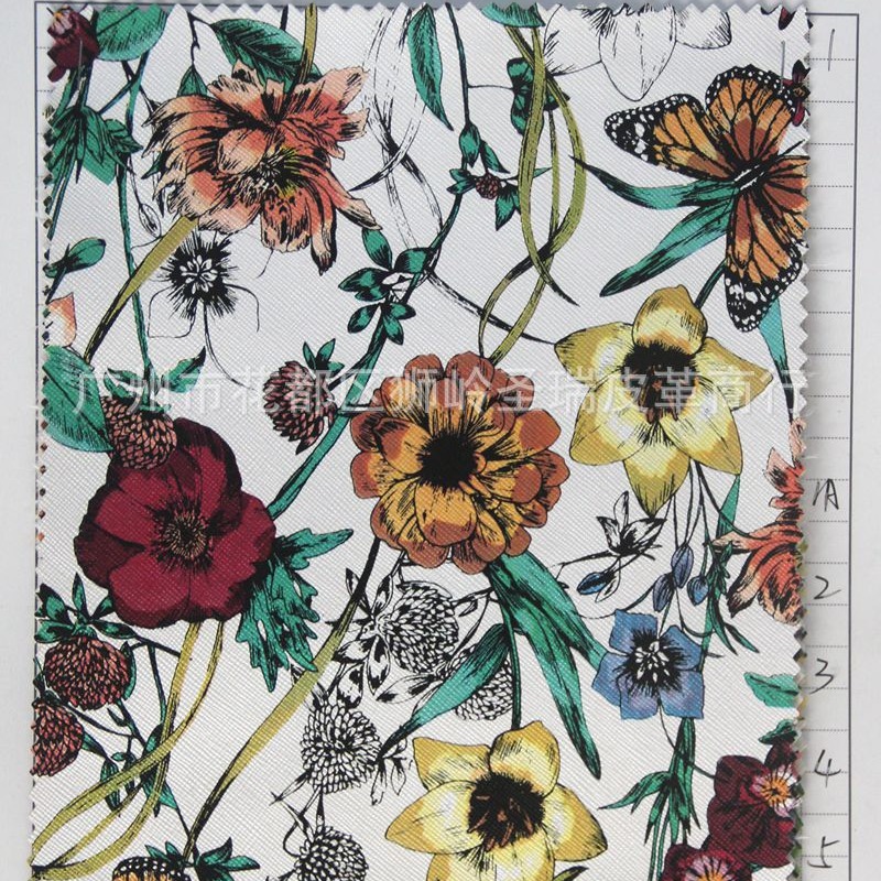 现货批发PVC人造革 印刷蝴蝶花朵纹图案箱包手袋皮革面料SR-51414