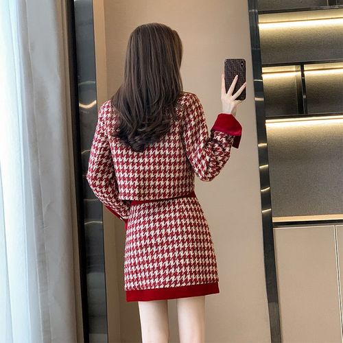 2023春秋女装红色名媛小香风套装感小洋装半身裙两件套小个子
