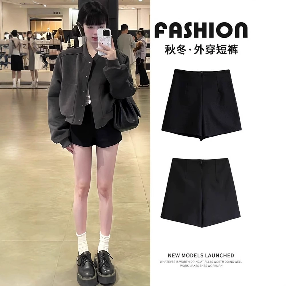 Шорты с высокой талией женские осенние и зимние 2025 новый черный костюм