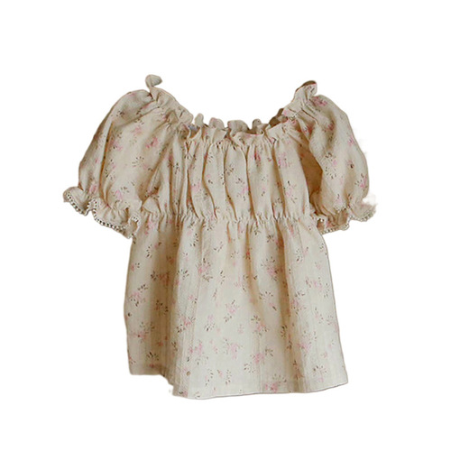 2024 Summer Strawberry Sand Korea Children's Clothing Girl's Small Floral Elastic Collar Short-Sleeve Shirt