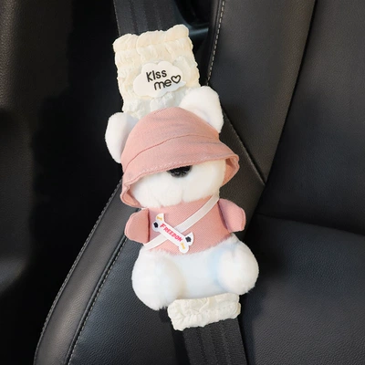 and Cute Puppy Rabbit Car | Seat belt shoulder pad - 1-piece-pink-bear-puff-shoulder-cover