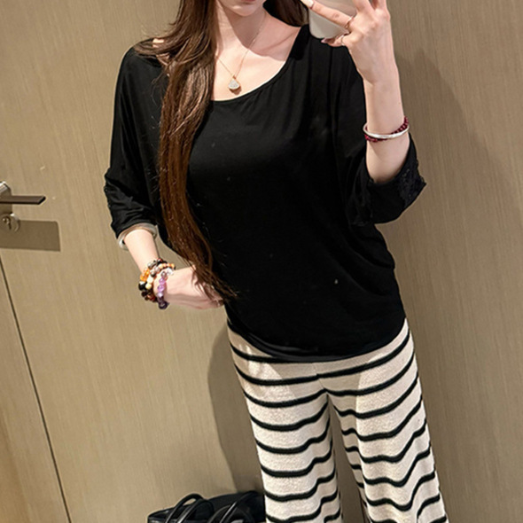 Cross-Border Wholesale Summer Tencel Cashmere Lace Short-Sleeved T-Shirt Women's Sun Protection Blouse Loose Bat-Sleeve Bottoming Top Cross-Border Wholesale Summer Tencel Cashmere Lace Short-Sleeved T-Shirt Women's Sun Protection Blouse Loose Bat-Sleeve Bottoming Top