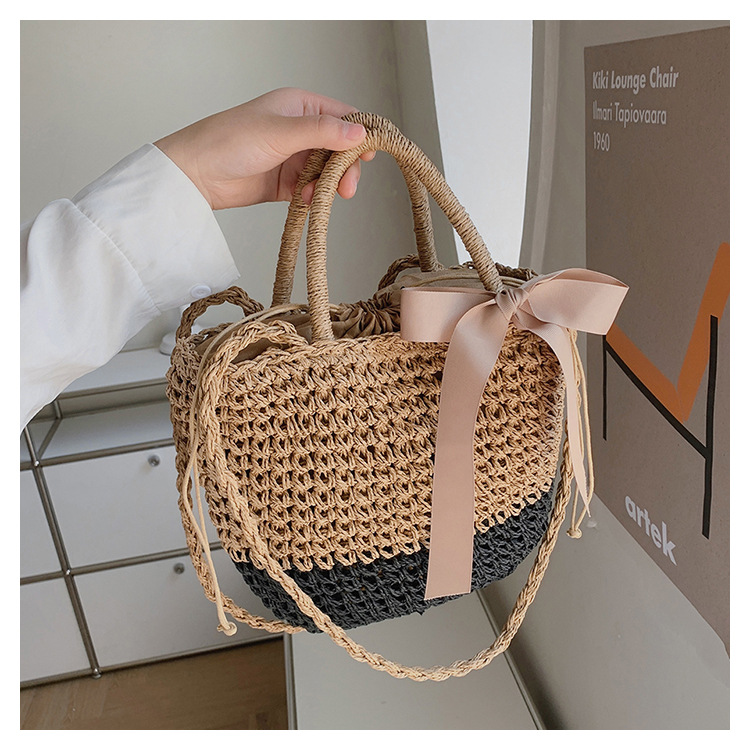 Women's Small Straw Stripe Vacation Ribbon Bucket Open Straw Bag display picture 3