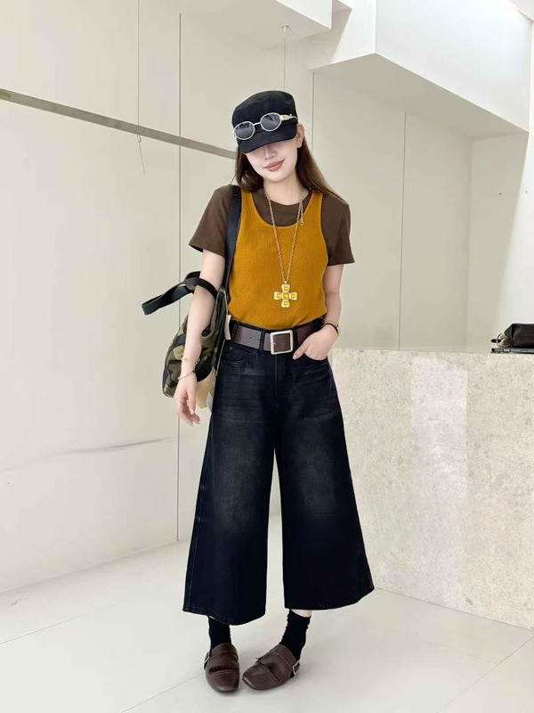2025秋季新款韩版休闲复古水洗牛仔阔腿裤女小个子宽松遮肉八分裤|undefined