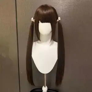 Autumn Wig with Sideburns, Flaxen 80cm, Natural, Cheap, Whitening, Natural Double Ponytails with Bangs, Doll-Like