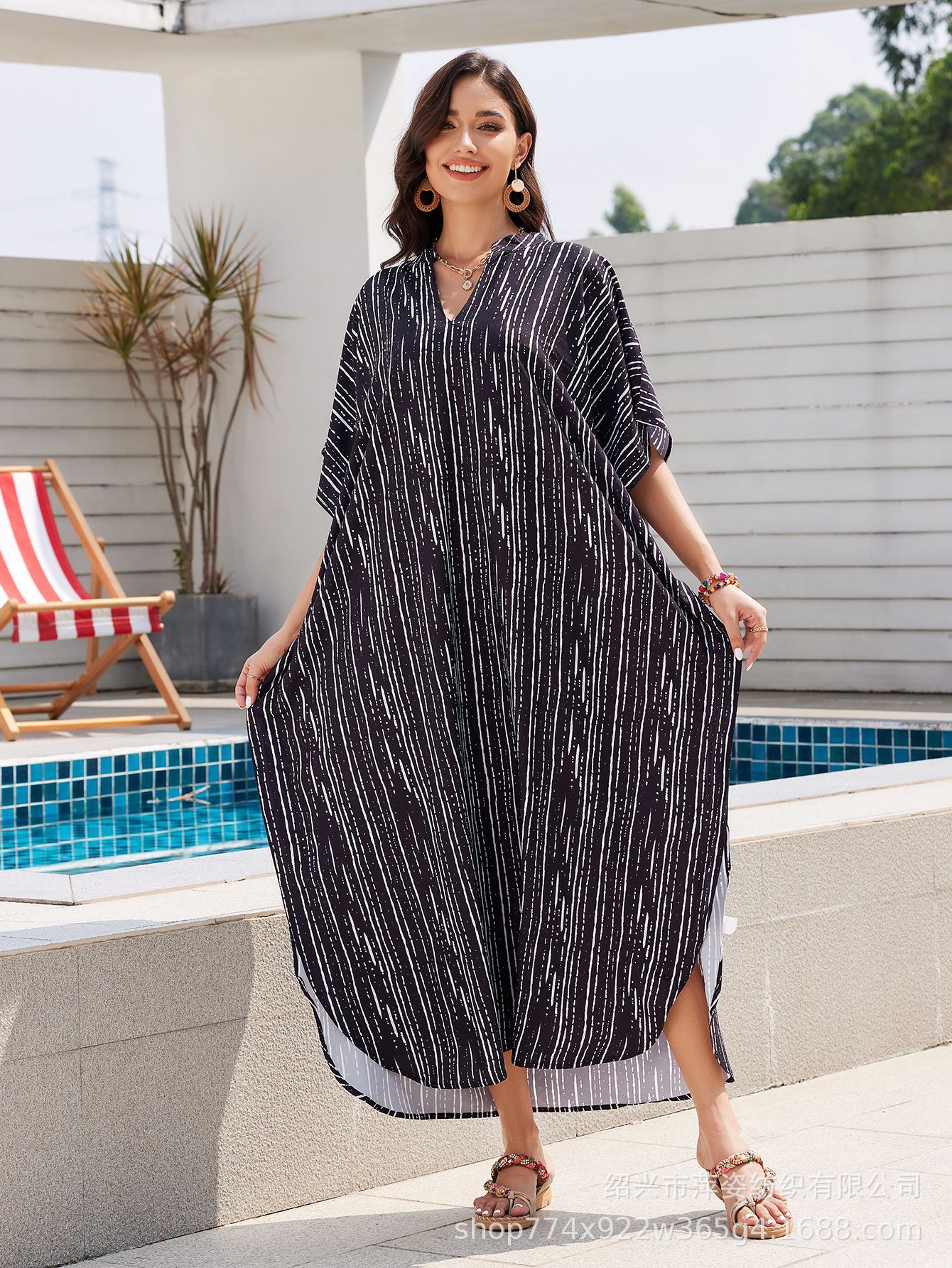 2025 nueva camiseta de playa estriada impresa gran túnica de vacaciones camiseta protector solar bikini trajes de baño 1001