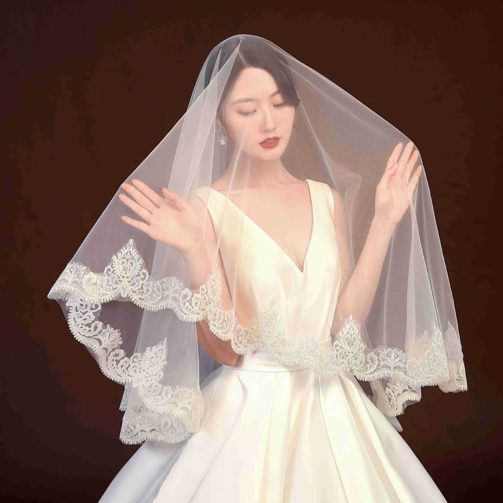 蕾丝花边小头纱新娘短款韩式旅拍森系超仙网红拍照道具领证登记|ms