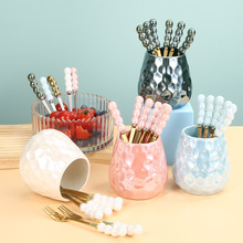 陶瓷珍珠304水果叉家用蛋糕点心叉子套装网红甜品叉ins风收纳罐