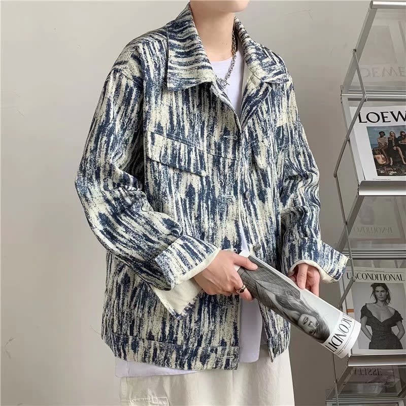 2024 Spring Men's Tie-Dye Denim Jacket Loose Casual Workwear High Street Hip Hop Style Plagika Handsome Youth Jacket