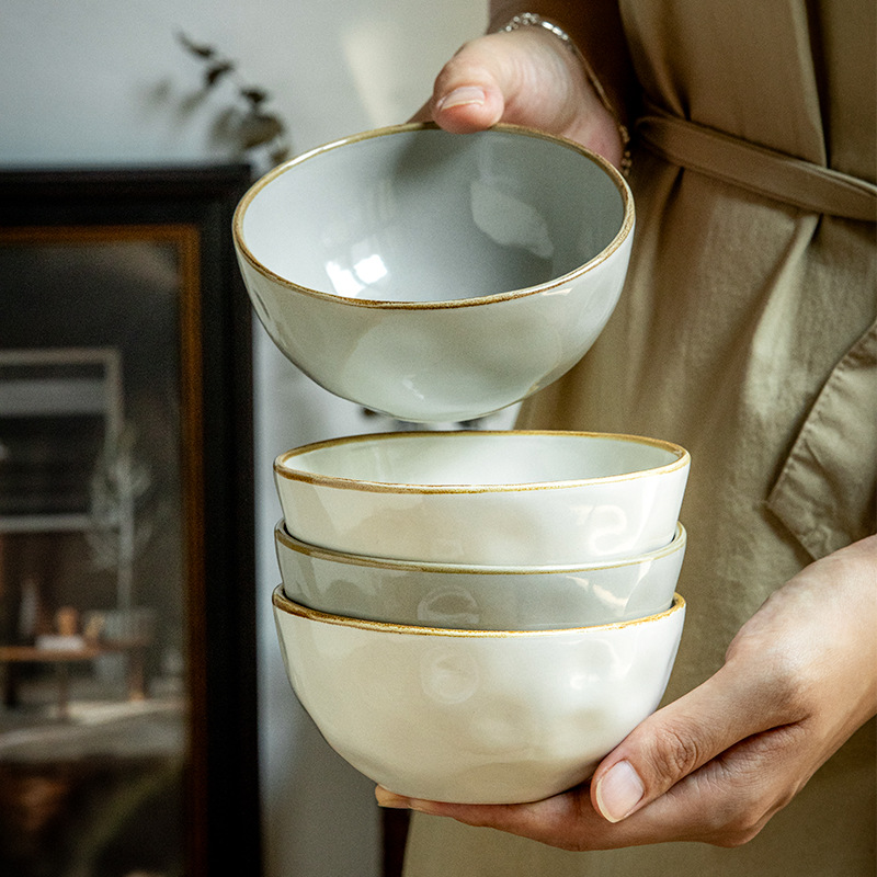 Dos paquetes de 4.5 pulgadas de agua tazón de arroz de cerámica conjunto de tazón de arroz japonés retro engrosado tazón pequeño tazón de gachas