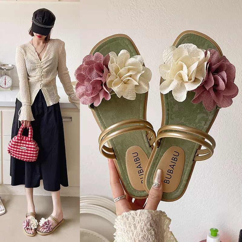 夏季新款双花朵潮流时尚舒适一字拖鞋外穿居家轻便百搭平底凉拖鞋