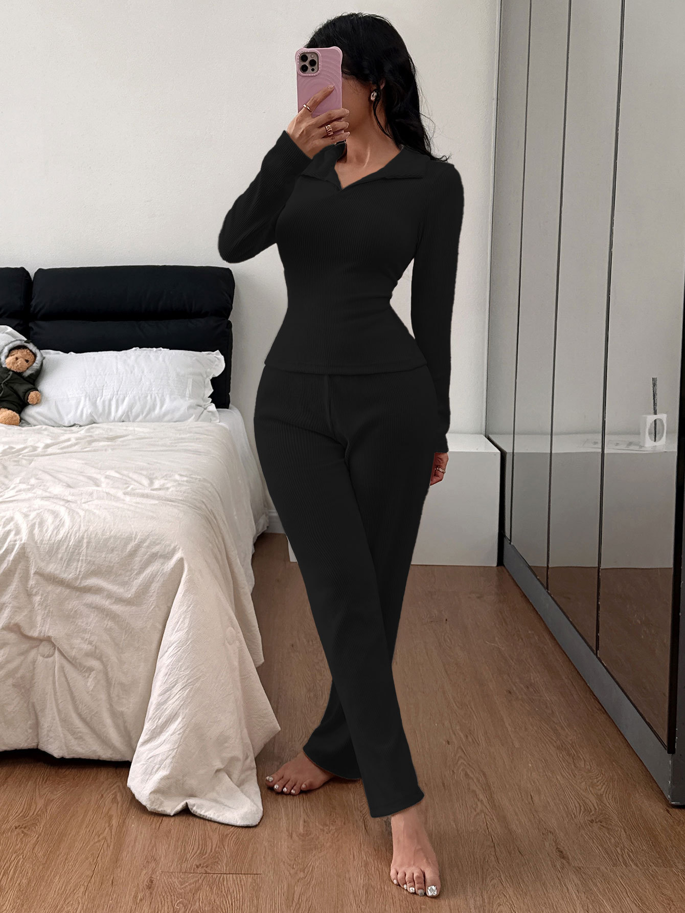 Damernas pyjamasset med polokrage och långärmad loungewear_voghion.com