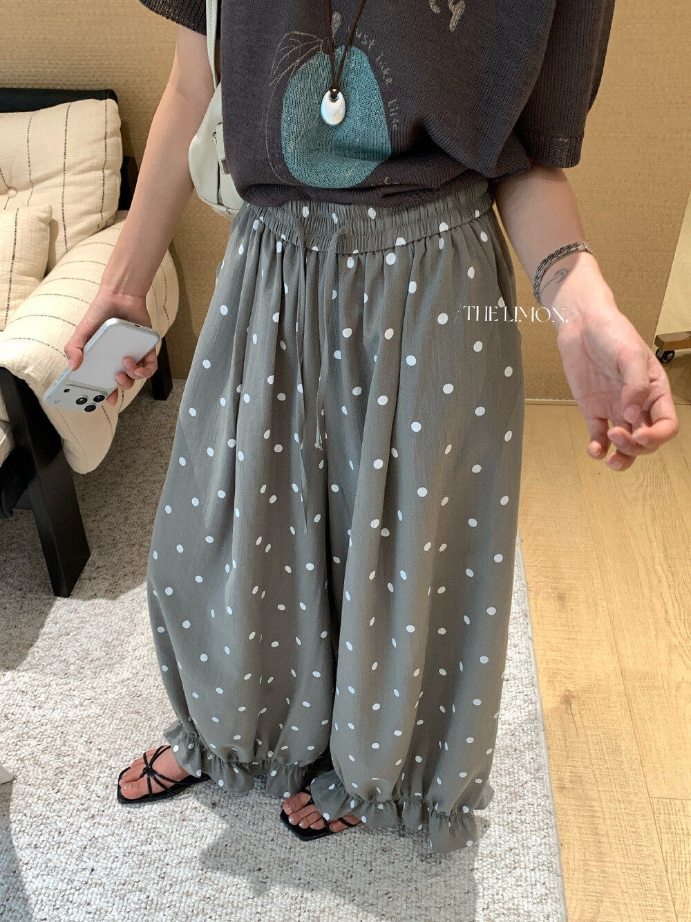 Quần culottes nữ ống rộng chấm bi phong cách vintage, cạp chun, dáng suông rộng thoải mái — màu đen, Màu bí ngô, màu trắng, màu xám chi tiết 12