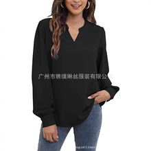 2024亚马逊独立站欧美外贸女式衬衫纯色V领长袖雪纺宽松休闲上衣