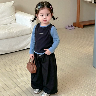 婴幼儿韩系三件式两件套女童撞色长袖内搭马甲黑色阔腿裤宝宝秋装