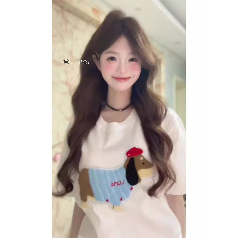 White Cotton Right Shoulder Short-Sleeved T-Shirt for Women Summer Design Dachshund Towel Embroidered Loose Casual Half-Sleeved Top White Cotton Right Shoulder Short-Sleeved T-Shirt for Women Summer Design Dachshund Towel Embroidered Loose Casual Half-Sleeved Top