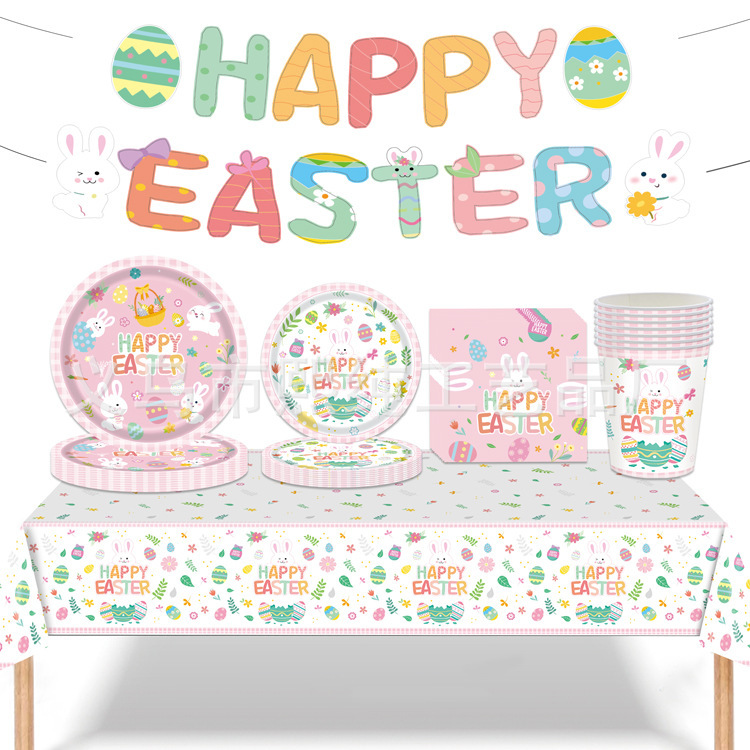 New Easter Rabbit Egg Festival dinner plate pull flag paper cup disposable tableware suit decorative party supplies