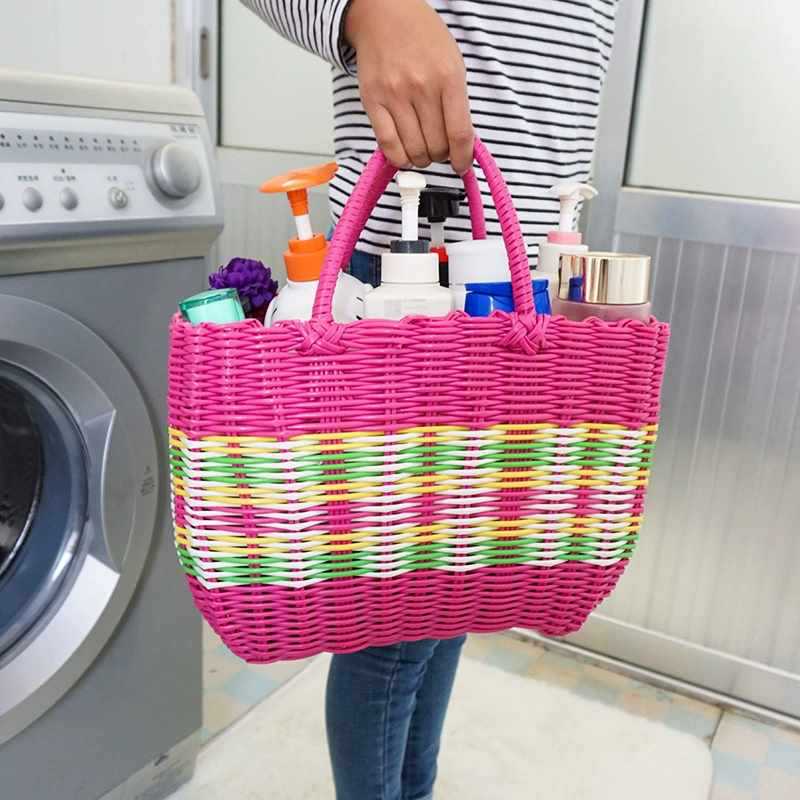 Plastic woven shopping basket, hand-held vegetable basket, pet crate, vegetable buying, bathing basket, bathroom, wicker bath basket, storage, picnic
