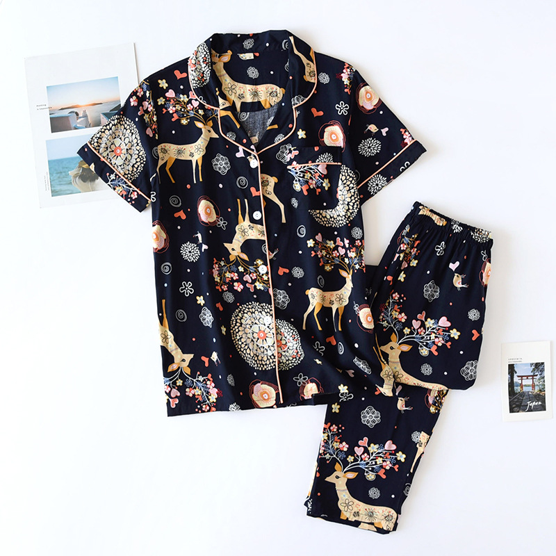 LJ青色小鹿-綿半袖長ズボン