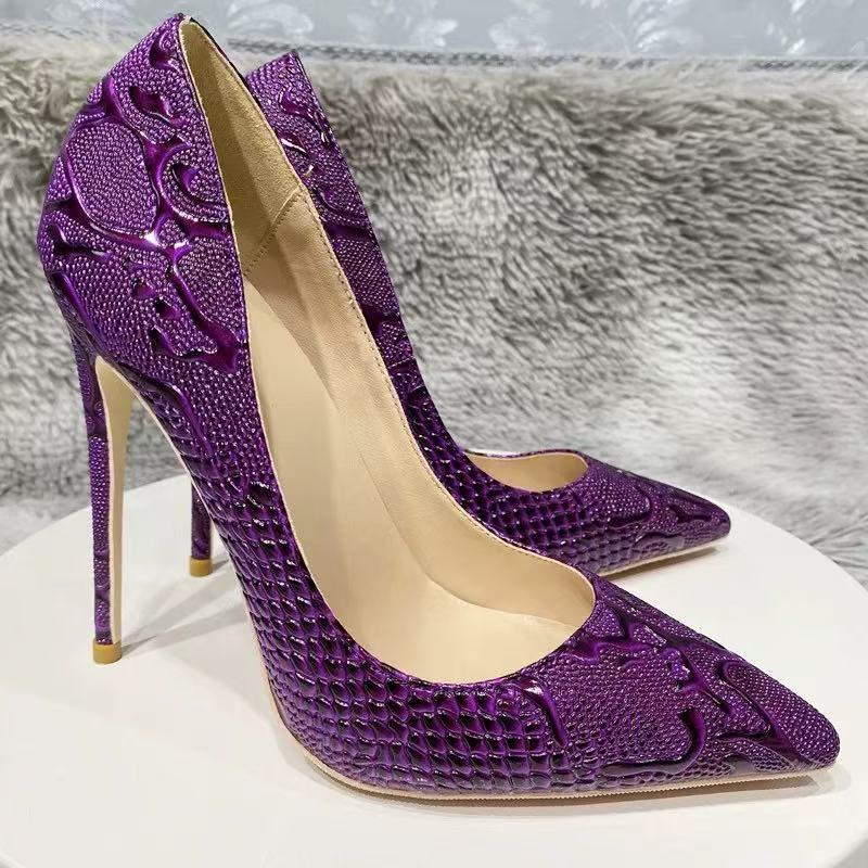 New European and American style 12cm purple snake-pattern high-heeled shoes for women, with thin heels, pointed toes, shallow design, and unique style, 10cm New European and American style 12cm purple snake-pattern high-heeled shoes for women, with thin heels, pointed toes, shallow design, and unique style, 10cm
