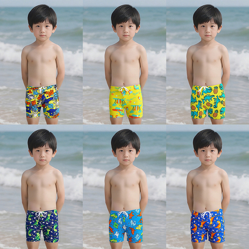 Boys' Swimming Trunks, Cute Cartoon Polyester Boxer Shorts, Medium and Large Children's Resort Hot Spring Swimming Cap, Swimming Trunks Set Wholesale
