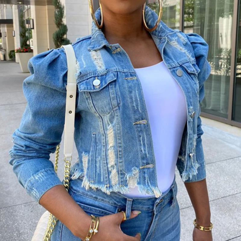 Cross-Border Supply Ebay Amazon Wish Short Frayed Denim Jacket Women's Puff Sleeve Denim Jacket Cross-Border Supply Ebay Amazon Wish Short Frayed Denim Jacket Women's Puff Sleeve Denim Jacket