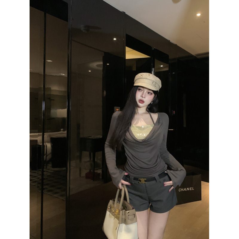 纯欲辣妹亮片挂脖假两件叠穿荡领喇叭袖修身显瘦打底衫T恤女上衣|undefined