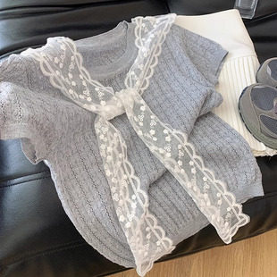 Lace Shawl Grey Knitted Shoulder Short-sleeved T-shirt Women's Summer 2025 New Super Nice Unique Beautiful Top